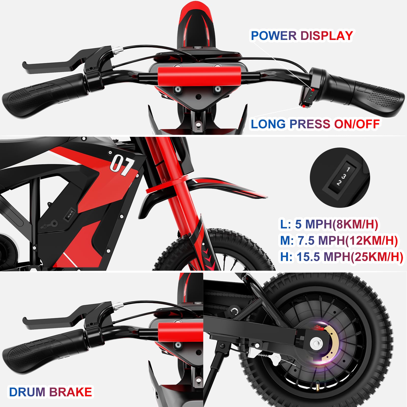 EVERCROSS EV12M PRO Kids Ride On Motorcycle, Electric Motorcycle with 300W Motor, 9.3Miles Long-Range, 12'' Pneumatic Tire, Bluetooth Music, Colorful Lights, Motor Cross for Ages 3-12 Children