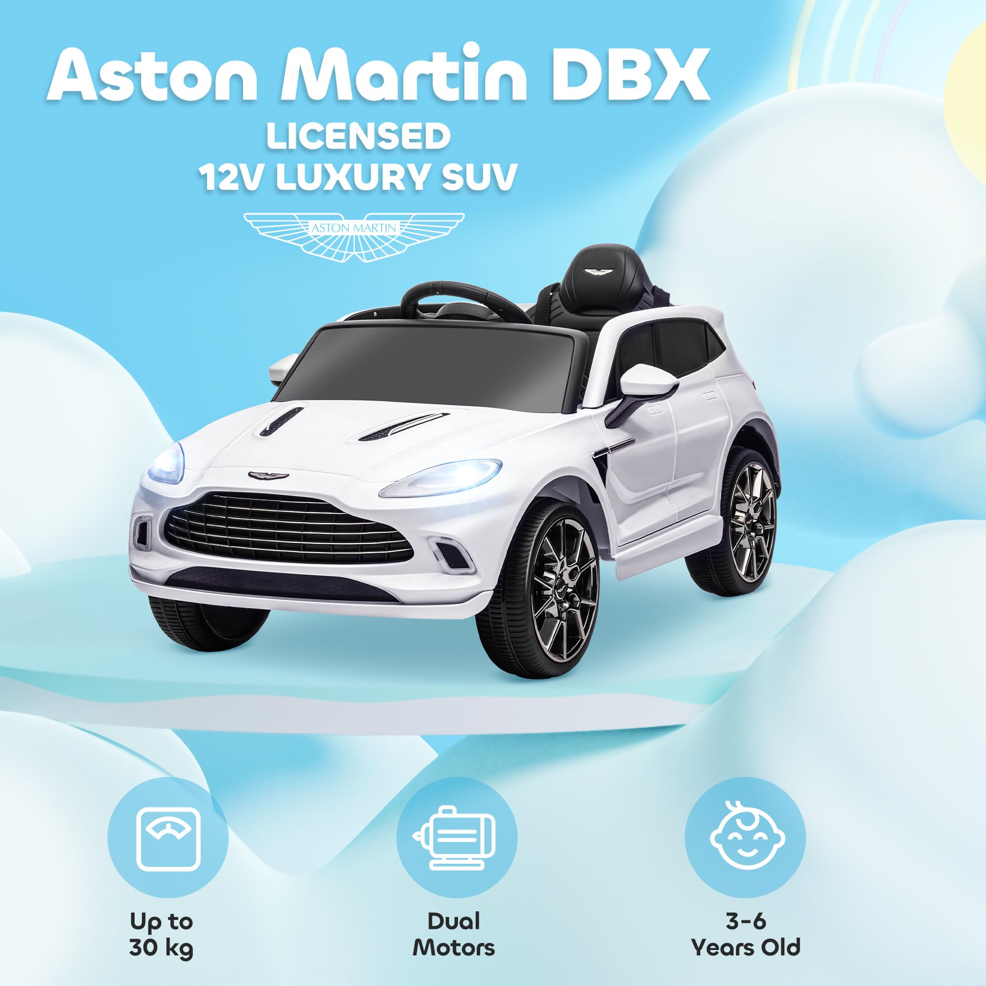 AIYAPLAY 12V Kids Electric Car, Aston Martin DBX Licensed Kids Ride on Car with Remote Control, 4 Suspension Wheels, LED Lights, Music, Horn, Slow Start, for Ages 3-6 Years, Blue