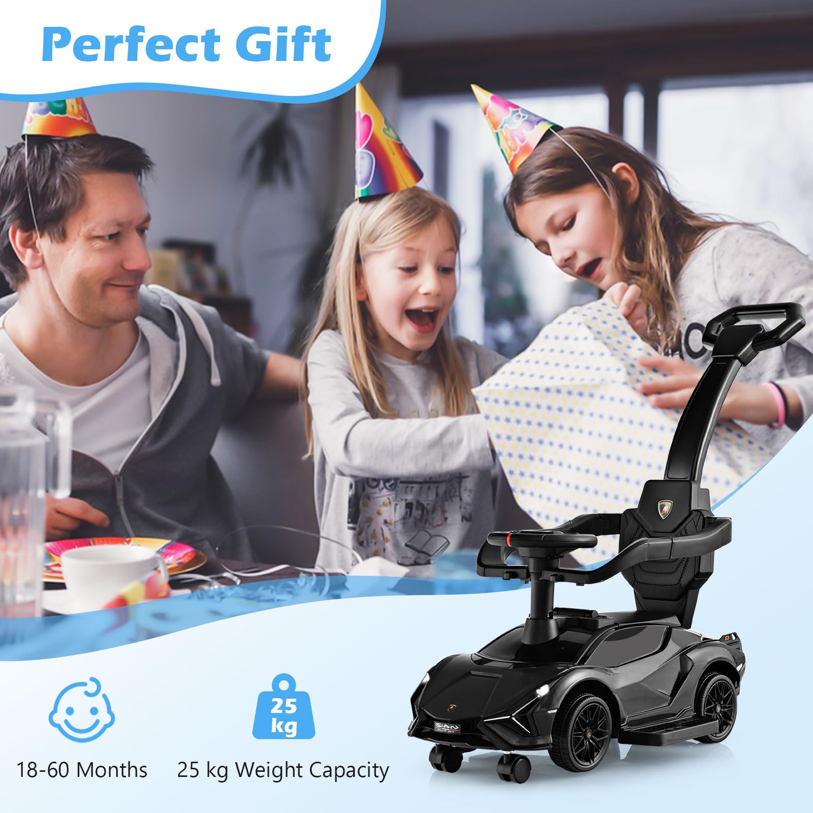 GYMAX 3 in 1 Kids Ride on Push Car, Licensed Lamborghini Push Along Car with Handle, Guardrails, USB Port, Music & Lights, Underneath Storage, Toddler Sliding Toy for 18-60 Months Boys Girls (Black)