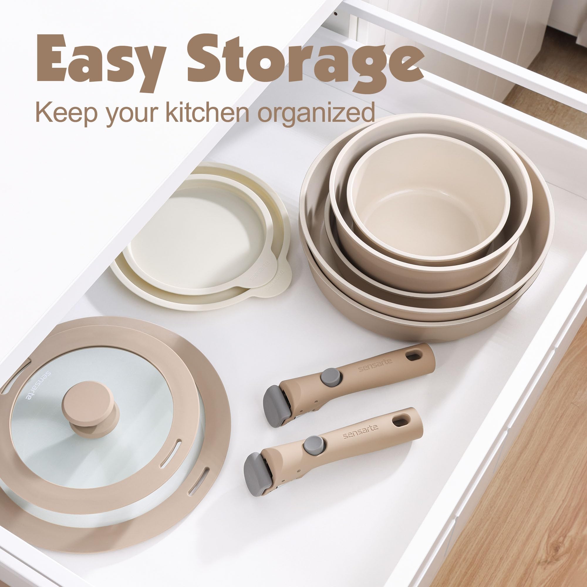 SENSARTE 17 Piece Pots and Pans Set, Nonstick Detachable Handle Cookware, Induction Kitchen Cookware Set with Removable Handle, Healthy Non Stick RV Cookware, Oven Safe (Black)