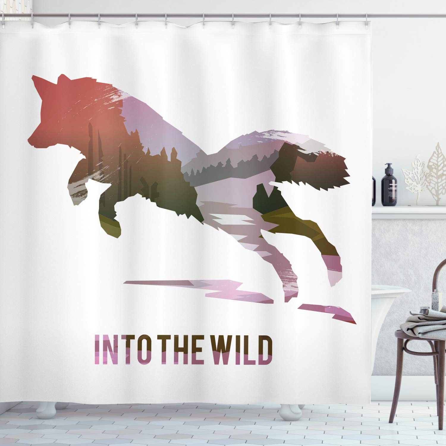 ABAKUHAUS Fox Shower Curtain, Jumping Fox Silhouette with Woodland Wilderness Hunting Design Survival Theme, Cloth Fabric Bathroom Decor Set with