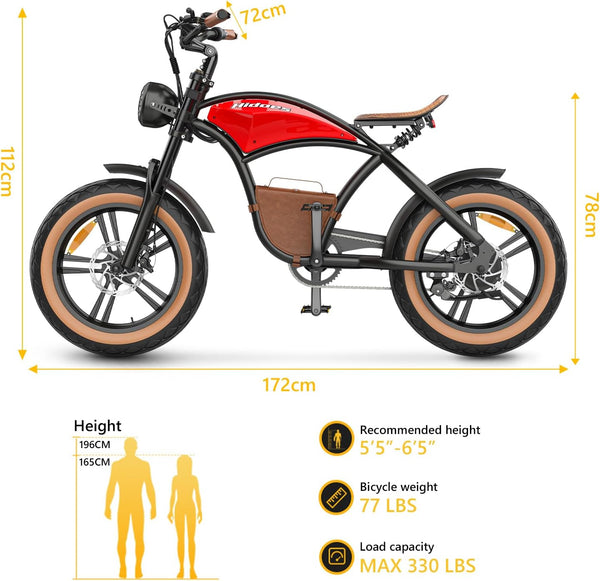 Hidoes B10 Ebikes for Adults,13Ah Battery 70Km Range,Fat Tire Electric Bike for Adults Up to 25Km/h, 60N·M Motor Electric Bicycle Retro E Bike,with Leather Bags,20" All-Terrain Tires