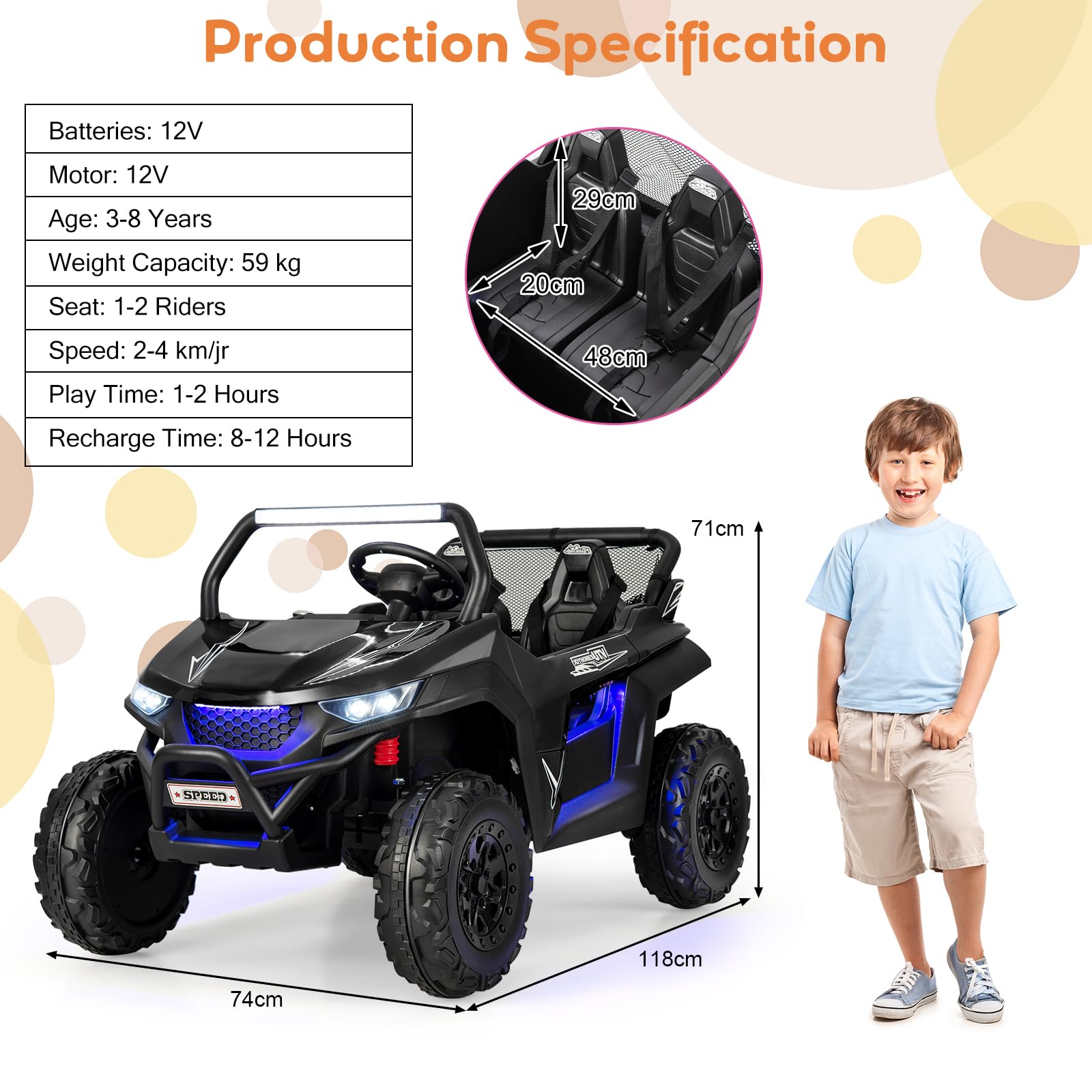 Kids Electric UTV, 2-Seater 12V Battery Powered Toy Car with Remote Control, Lights, Bluetooth, MP3, USB, FM, High/Low Speed & Suspension Spring, Children Ride on Car for 3-8 Years Old (Yellow)