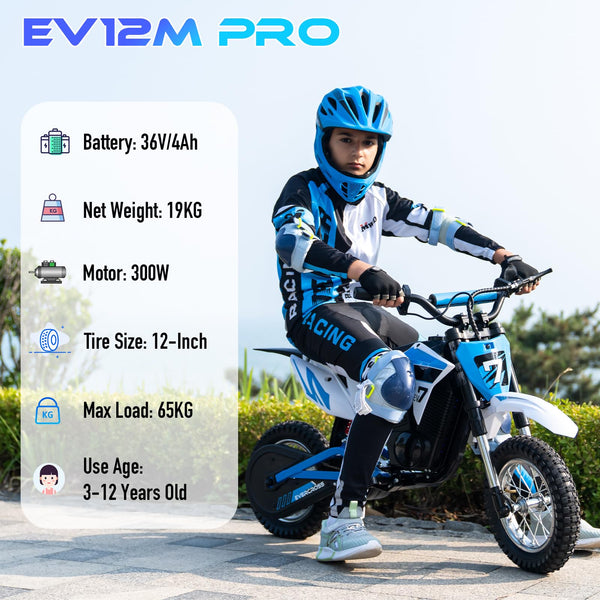 EVERCROSS EV12M PRO Kids Ride On Motorcycle, Electric Motorcycle with 300W Motor, 9.3Miles Long-Range, 12'' Pneumatic Tire, Bluetooth Music, Colorful Lights, Motor Cross for Ages 3-12 Children