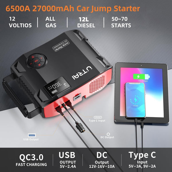 6500A Jump Starter Power Pack with Air Compressor,UTRAI Car Battery Booster Jump Starters with 18W Fast Charging/1600 Lumens LED Flashlight/160 DC OUT,Powerbank Charger for All Gas/12L Diese