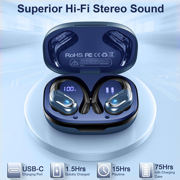 Wireless Earbuds, Bluetooth 5.4 Headphones with ENC Mic, 75H Stereo Noise Cancelling Ear Buds, Wireless Headphones with Sports Earhooks, LED Display, IP7 Waterproof Bluetooth Earphones for Running Gym