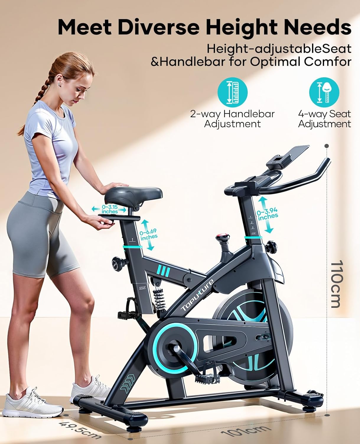 2025 Toputure Exercise Bike with APP, 0-100% Magnetic Resistance Spin Bike, 15kg Flywheel, Shock Absorption, LCD Display, Ultra-quiet Stationary Indoor Exercise Bikes for Home Gym Training