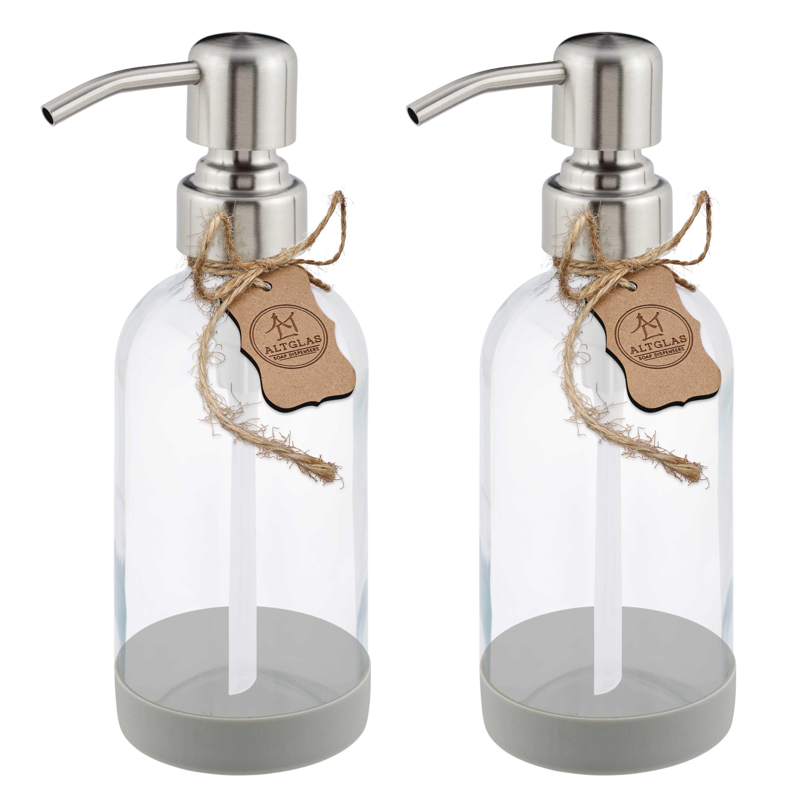 ALTGLAS Refillable Glass Soap Dispenser 'Sarajevo' from Clear Bottle with Silicone Coaster and 304 Stainless Steel Pump in Brushed Silver (250ml, Set