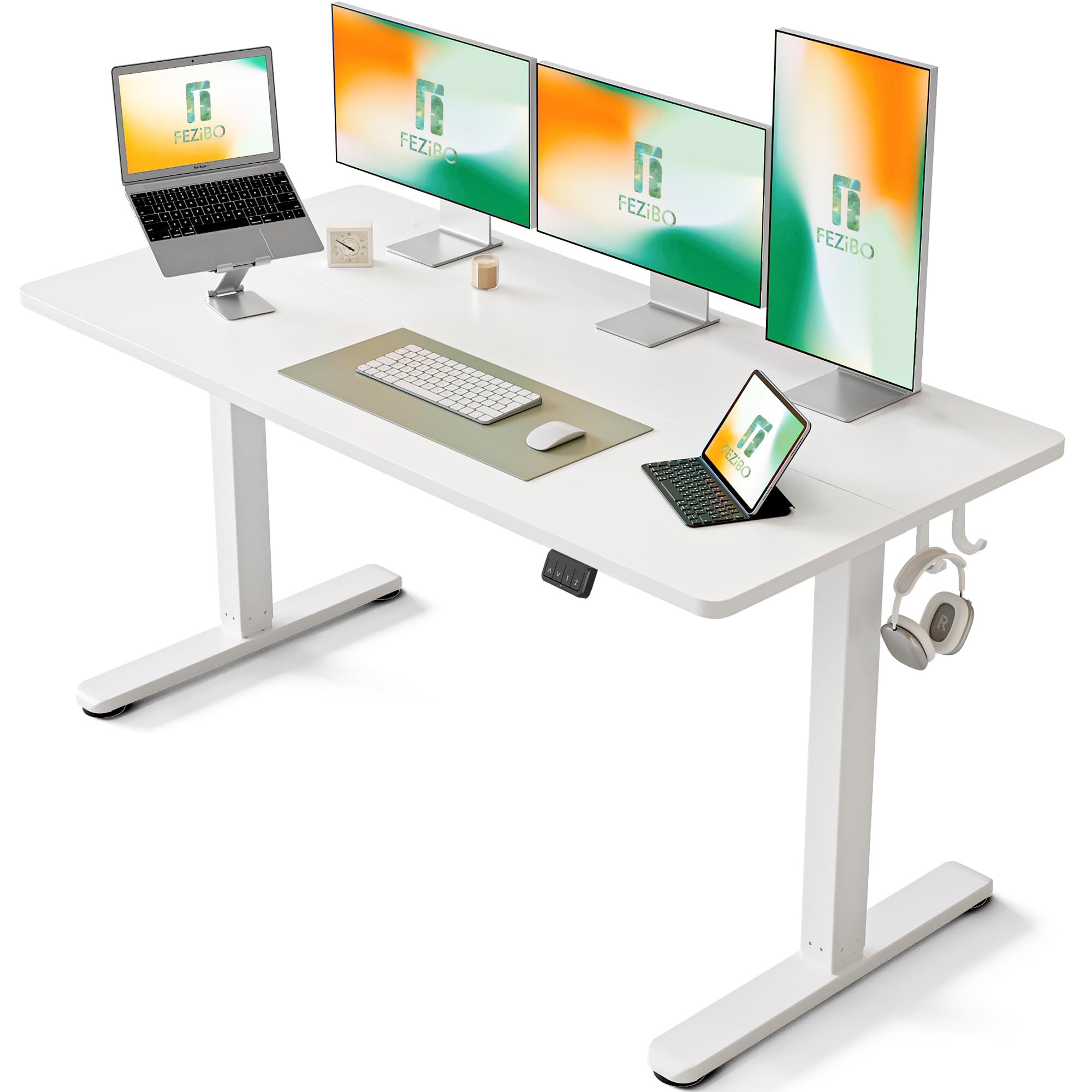 FEZIBO Height Adjustable Electric Standing Desk, 120 * 60 cm Stand up Table, Sit Stand Home Office Desk with Splice Board, White Frame/Maple Top