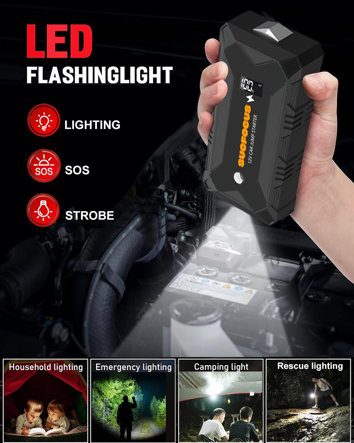 Car Battery Jump Starter, 2500A Jump Starter (for 8.0L Gas or 6.5L Diesel Engine), Battery Jumper Starter Portable, Jump Box, Jump Start Battery Pack with Jumper Cable, LED Light/USB QC3.0 (Red Black)