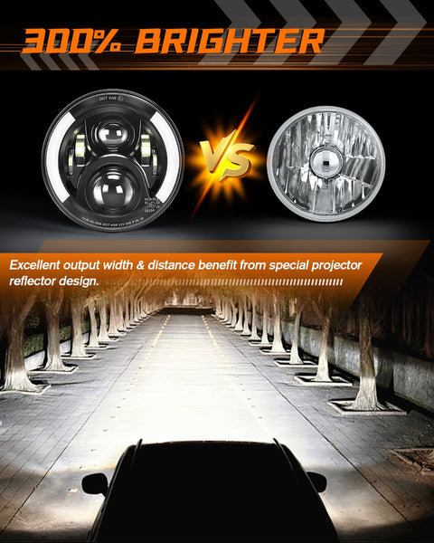 CO LIGHT 7 Inch LED Headlight Round Half Halo Angel Eyes DRL Amber Turn Signal Lights DOT and E-Mark Approved, H6024 LED Headlights with H4 H13 Adapter Compatible for Wrangler JK TJ LJ CJ, 2PCS