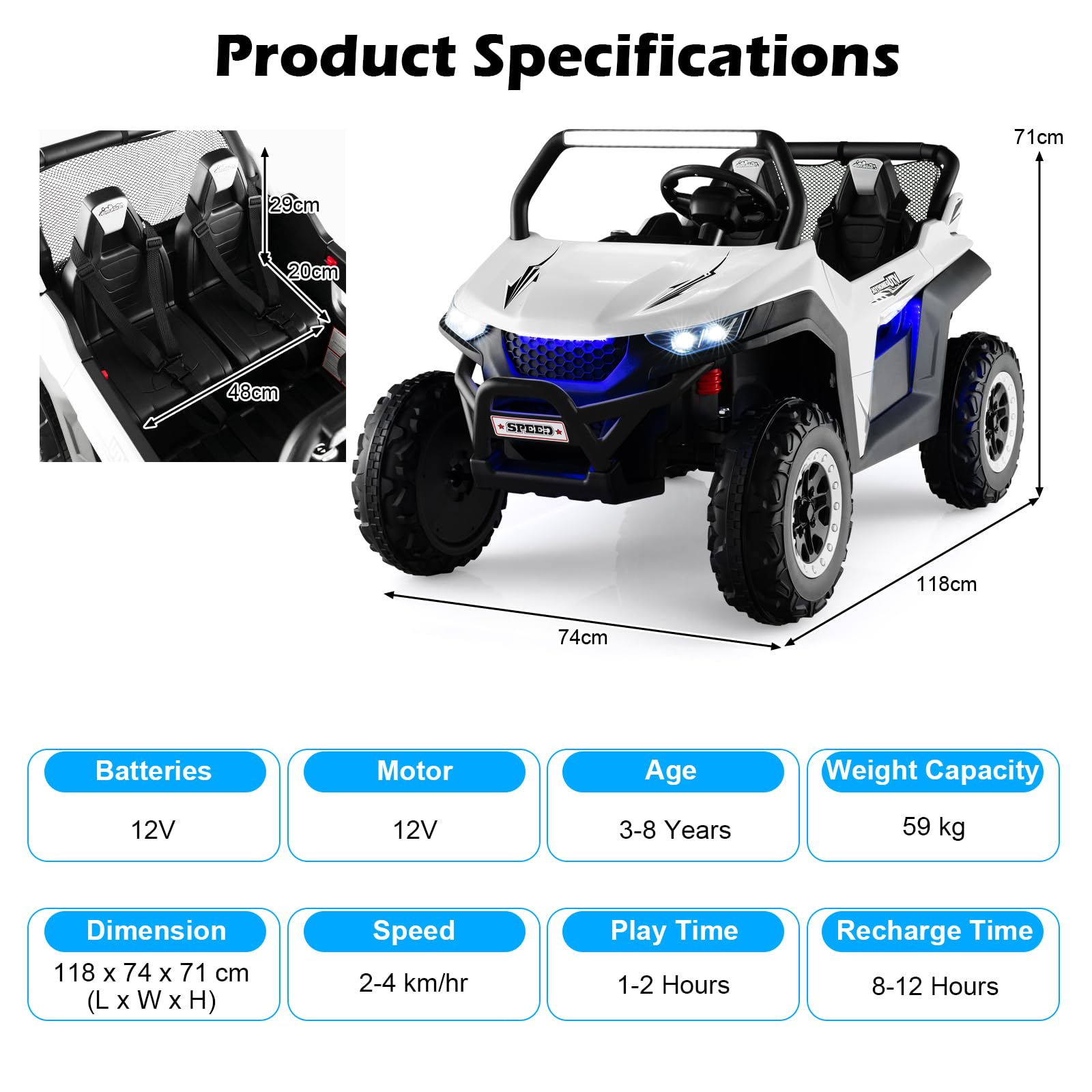 Kids Electric UTV, 2-Seater 12V Battery Powered Toy Car with Remote Control, Lights, Bluetooth, MP3, USB, FM, High/Low Speed & Suspension Spring, Children Ride on Car for 3-8 Years Old (Yellow)