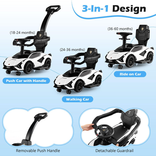 GYMAX 3 in 1 Kids Ride on Push Car, Licensed Lamborghini Push Along Car with Handle, Guardrails, USB Port, Music & Lights, Underneath Storage, Toddler Sliding Toy for 18-60 Months Boys Girls (Black)