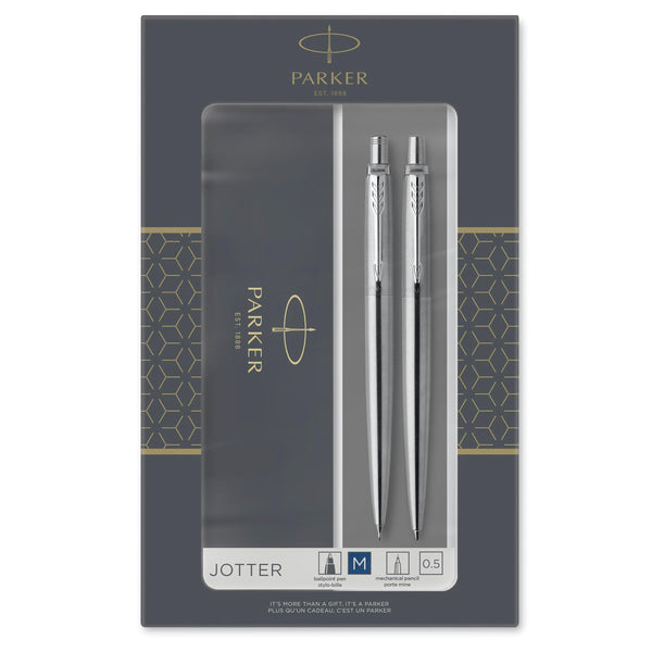 Parker Jotter Ballpoint Pen | Stainless Steel with Chrome Trim | Medium Point | Handwriting Pens & Stationery Supplies | Blue Ink | Gift Box