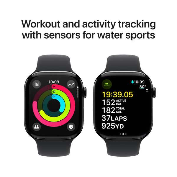 Apple Watch Series 10 GPS 42 mm Smartwatch with Jet Black Aluminium Case with Black Sport Band - M/L. Fitness Tracker, ECG App, Always-On Retina Display, Water Resistant