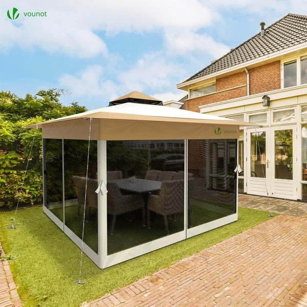 VOUNOT® 3.6m x 3.6m Pop Up Gazebo with Mesh Sides, Garden Double Roof Marquee Party Tent with Leg Weights & Roller Bag, Grey