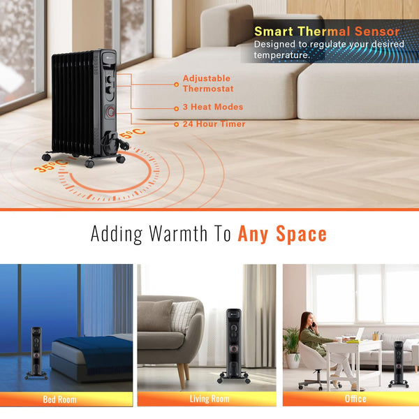 PureMate Oil Filled Radiator, 2500W/2.5KW - 11 Fin - Portable Electric Heater, 3 Power Settings, Adjustable Temperature and Thermostat, Thermal Safety Cut off & 24 Hour Timer