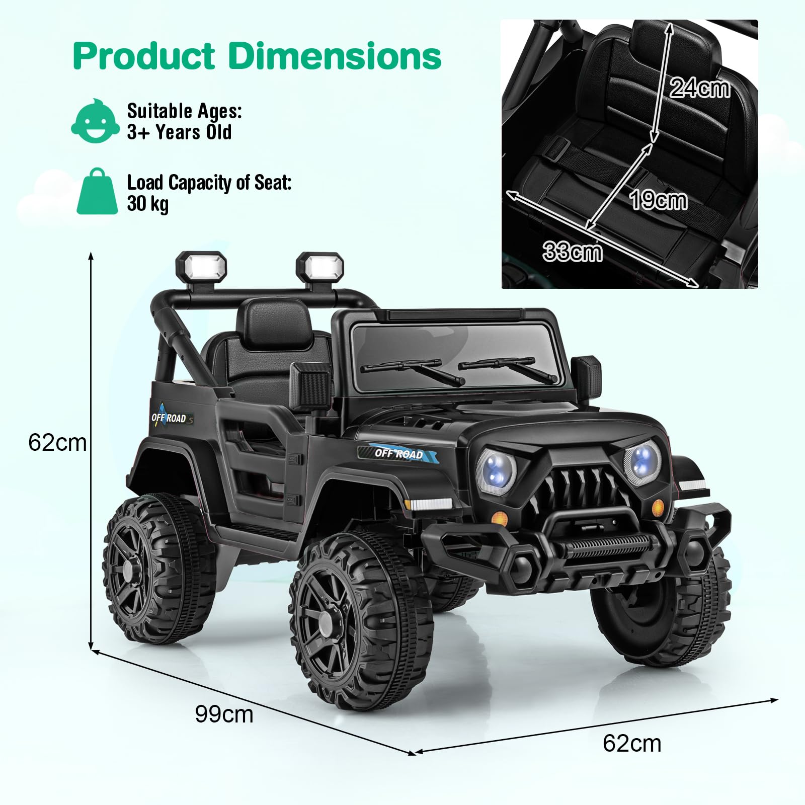 COSTWAY 12V Kids Ride on Car, 2 Motors Electric Off Road Truck with Remote Control, LED Lights, Music, Horn & Wireless Connection, Battery Powered Ride on Toy for Boys Girls (Black)