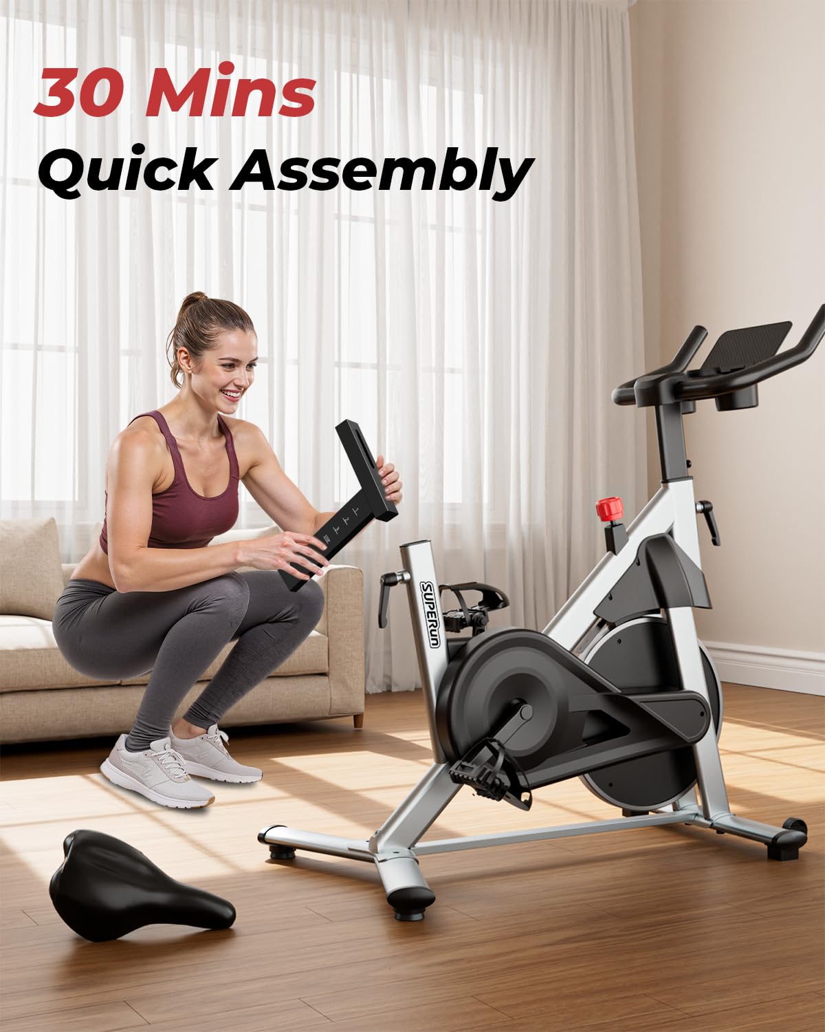 Superun Exercise Bike for Home Use Spin Bike with Adjustable Magnetic Resistance, Stationary Bike with LCD Display and APP, 136 kg Weight Capacity