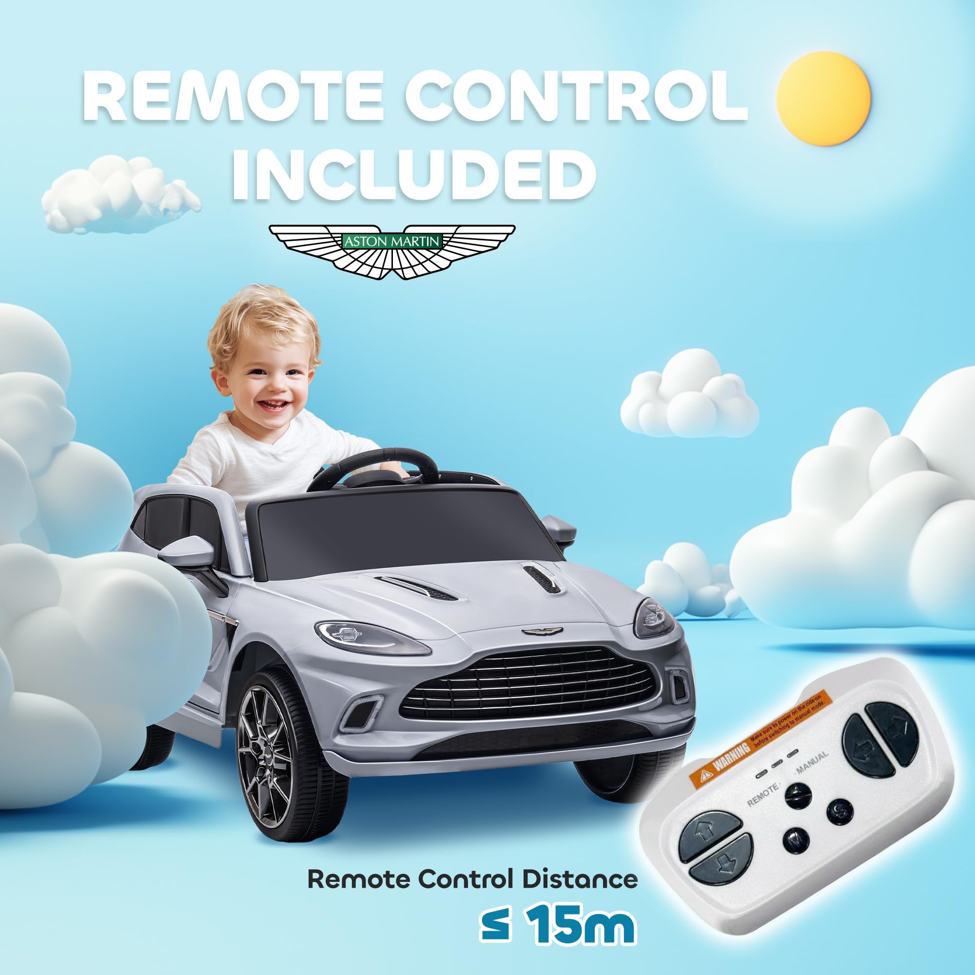 AIYAPLAY 12V Kids Electric Car, Aston Martin DBX Licensed Kids Ride on Car with Remote Control, 4 Suspension Wheels, LED Lights, Music, Horn, Slow Start, for Ages 3-6 Years, Blue