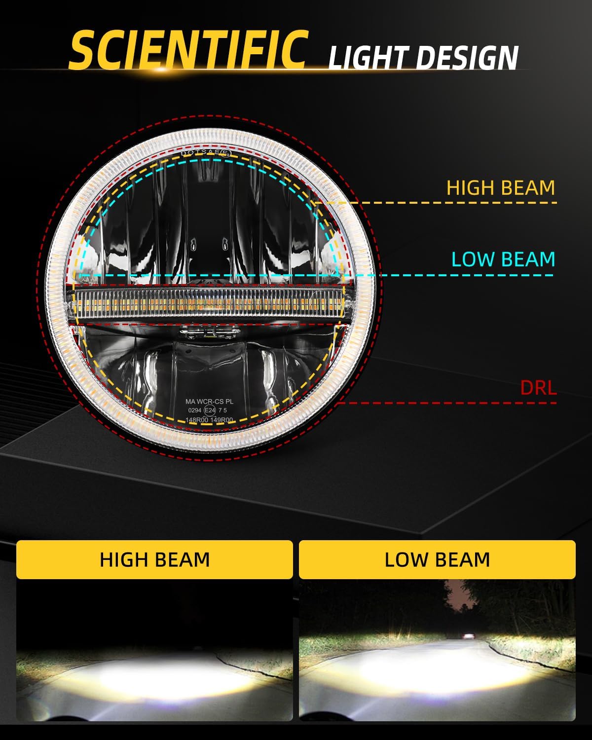 CO LIGHT 2PCS 7 Inch LED Headlight Round Amber Turn Signal White DRL High/Low Beam E-Mark Approved Compatible with Wrangler JK LJ TJ CJ 1965-1978 Escort Mk1（H4-H13 Adapter Included）