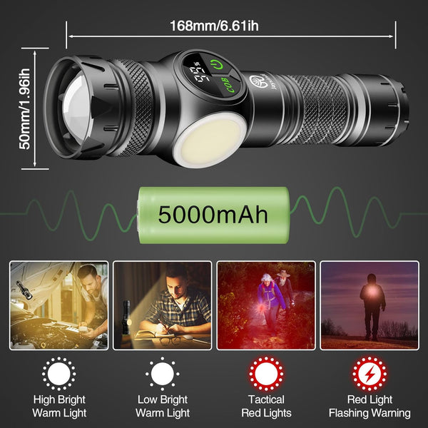 Jayxinli Torches LED Super Bright with Magnetic, 500000 Lumens High Power Rechargeable Torch with LCD Digital Display, Powerful Torch with 9 Light Modes and Zoom for Camping (with 5000mAh Battery)