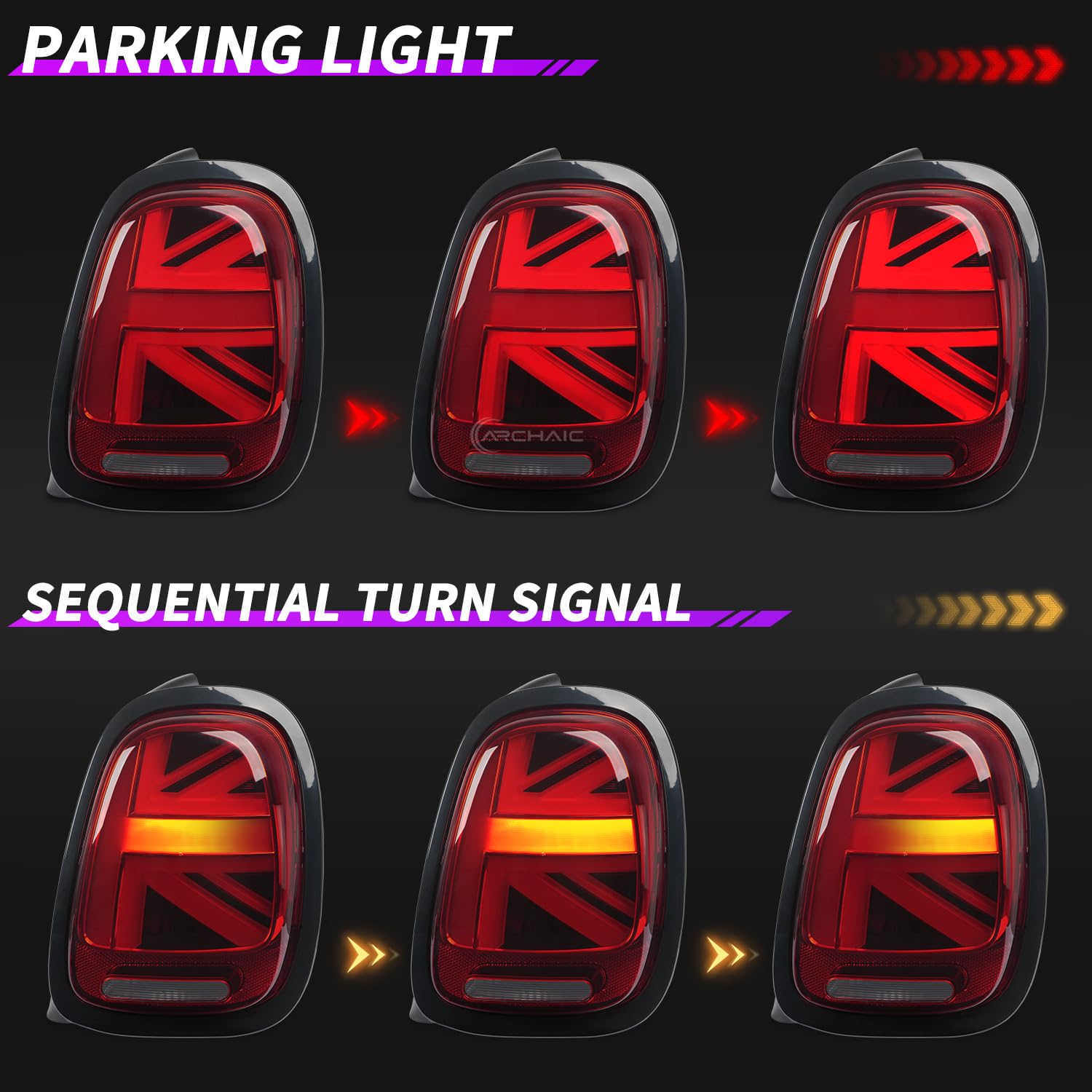 Archaic Union Jack Rear Lights for Mini Cooper One F55 F56 F57 2014-2021, with Sequential Turn Signal Light, Plug&Play, Pair