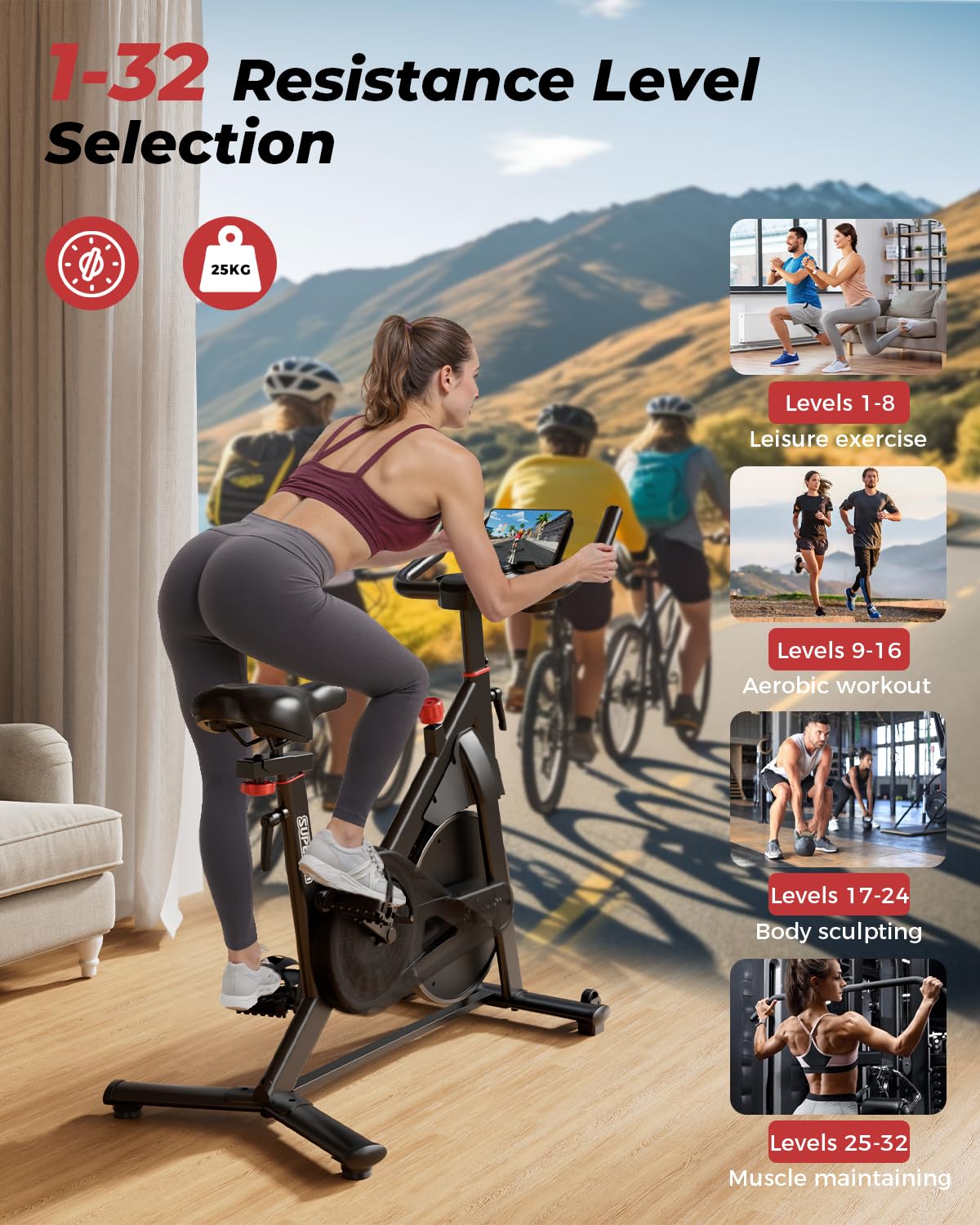 Superun Exercise Bike for Home Use Spin Bike with Adjustable Magnetic Resistance, Stationary Bike with LCD Display and APP, 136 kg Weight Capacity