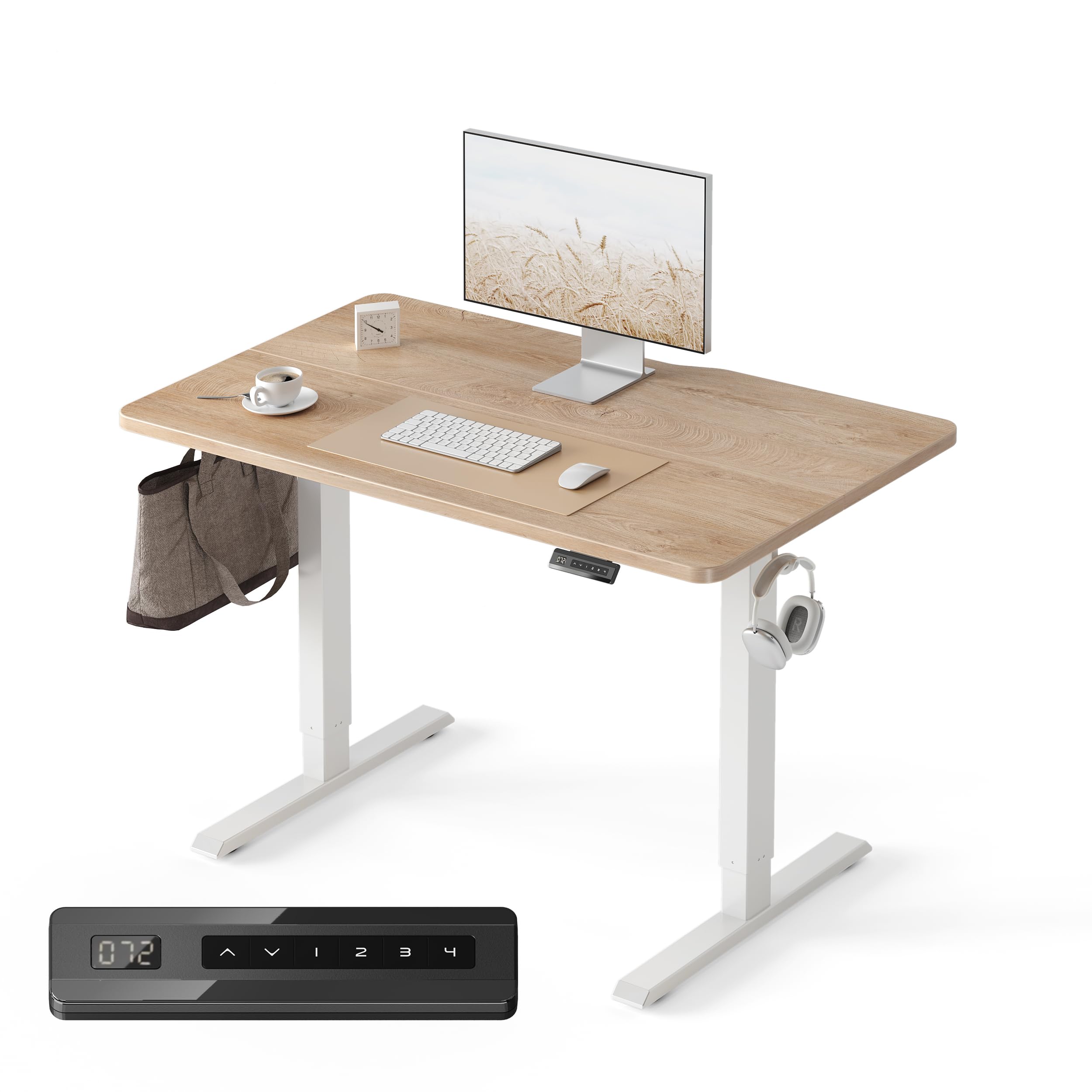 FEZIBO Height Adjustable Electric Standing Desk, 120 * 60 cm Stand up Table, Sit Stand Home Office Desk with Splice Board, White Frame/Maple Top