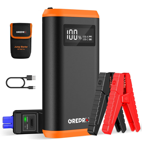 GREPRO Jump Starter Power Pack (up to 6.5L Gas, 4.0L Diesel), 2000A Car Battery Booster Jump Starter and Jump Pack for 12V Vehicles, Motorcycle, Battery Booster with LCD Screen and LED Flashlight