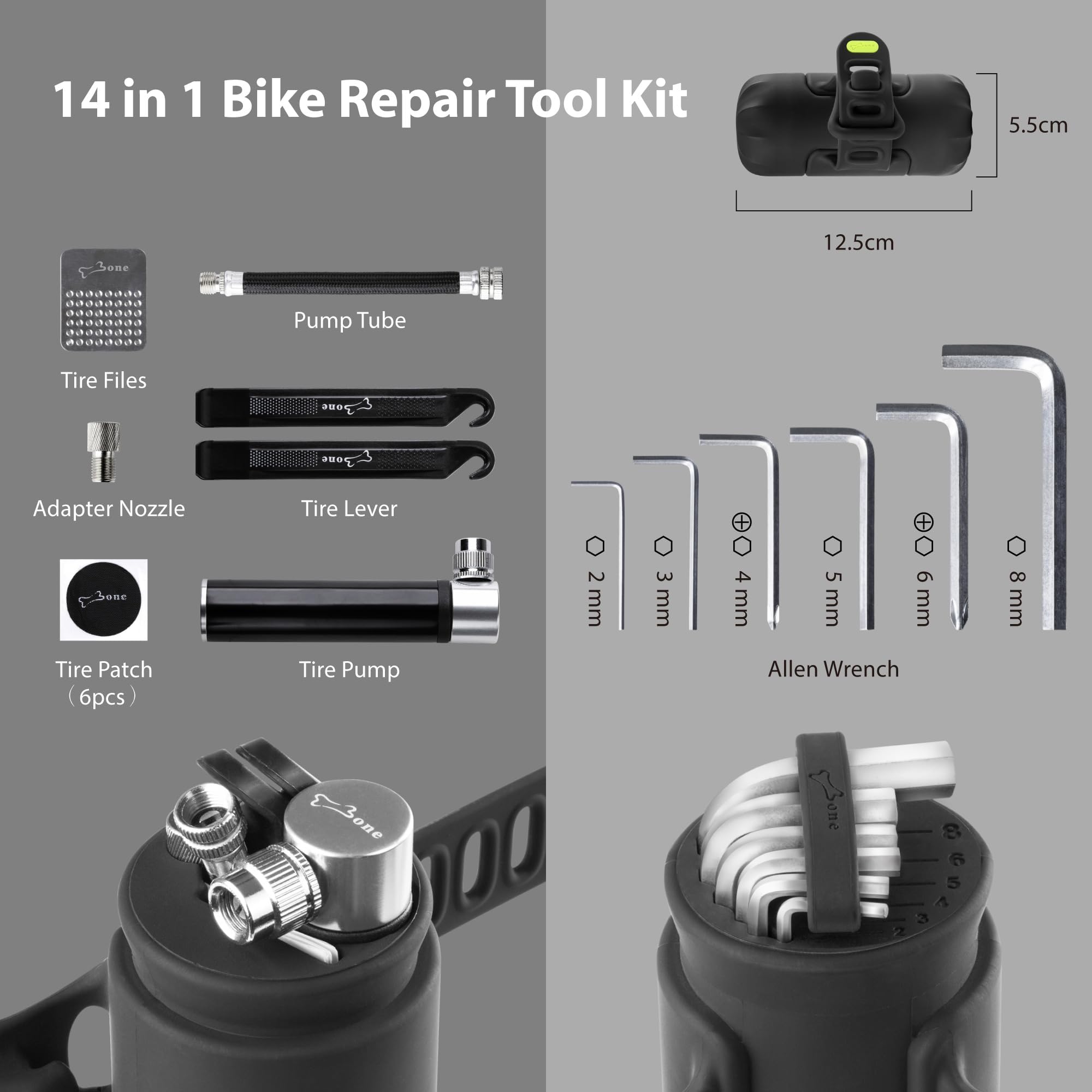 BONE】Portable Bike Repair Capsule, 14-in-1 Bicycle Repair Tool Kit, Mountain/Road Bike maintenance with Tire Pump & Wrench Tool Kit, Bike Accessories for Cycling, Emergency Bike Repair Bag