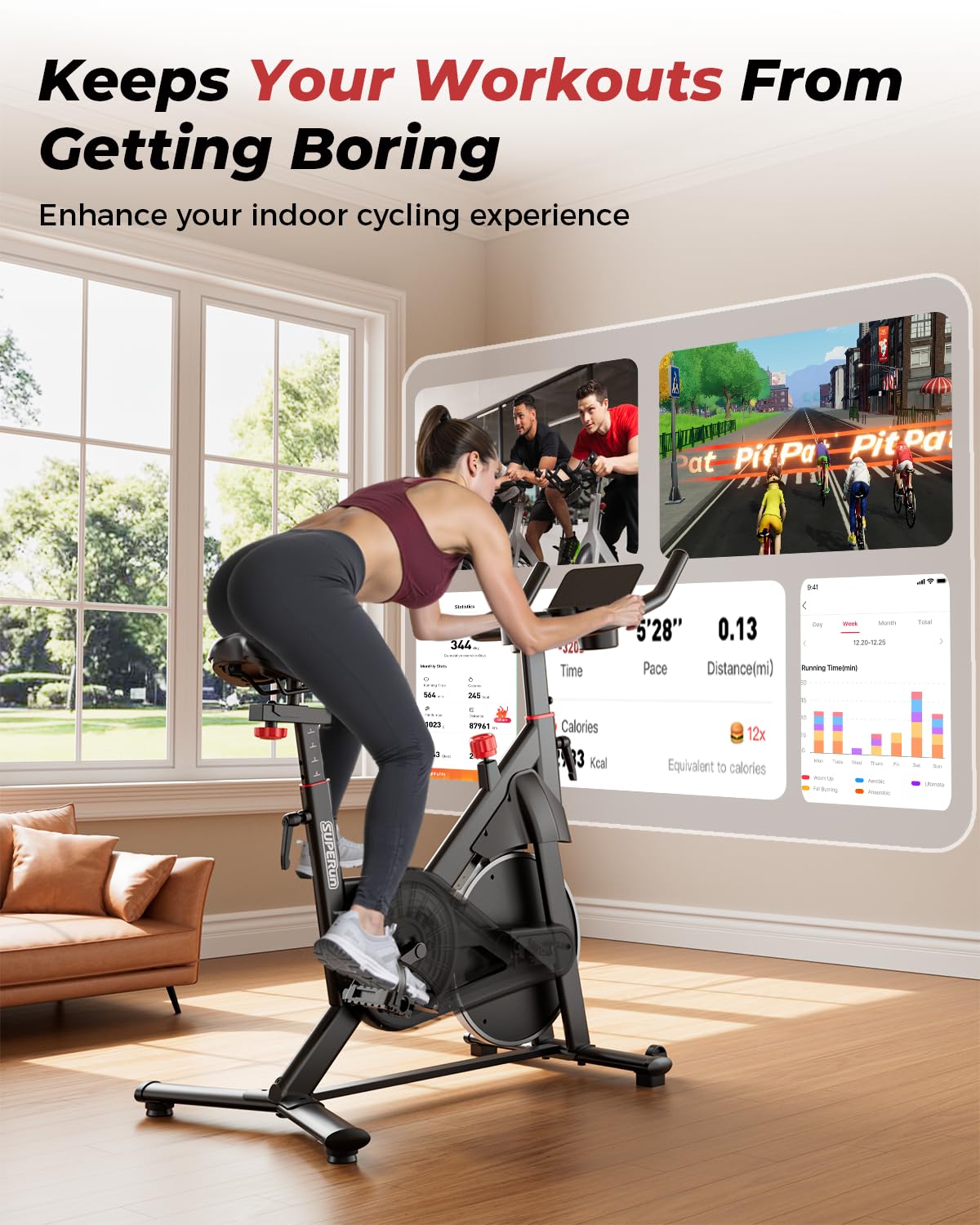 Superun Exercise Bike for Home Use Spin Bike with Adjustable Magnetic Resistance, Stationary Bike with LCD Display and APP, 136 kg Weight Capacity