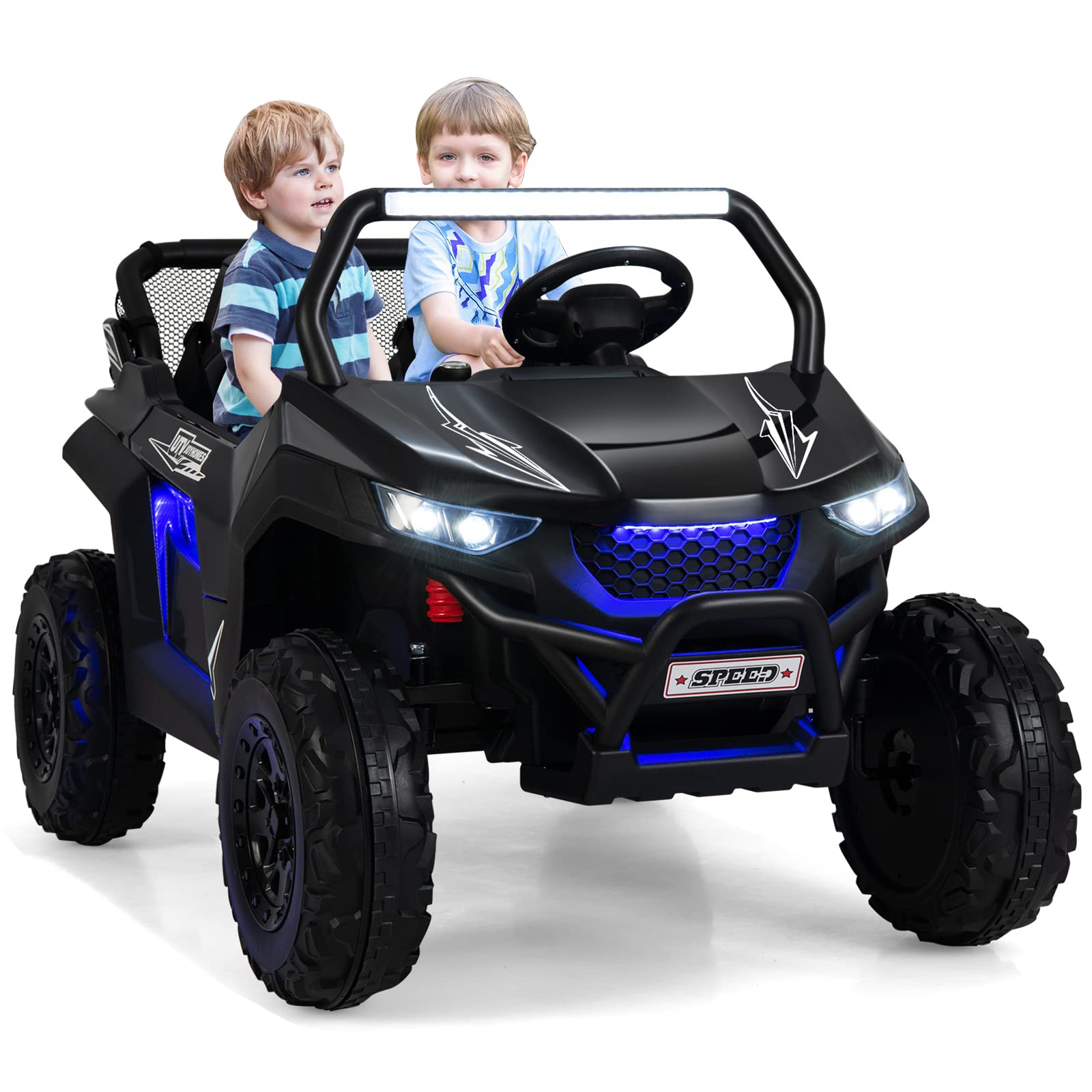 Kids Electric UTV, 2-Seater 12V Battery Powered Toy Car with Remote Control, Lights, Bluetooth, MP3, USB, FM, High/Low Speed & Suspension Spring, Children Ride on Car for 3-8 Years Old (Yellow)
