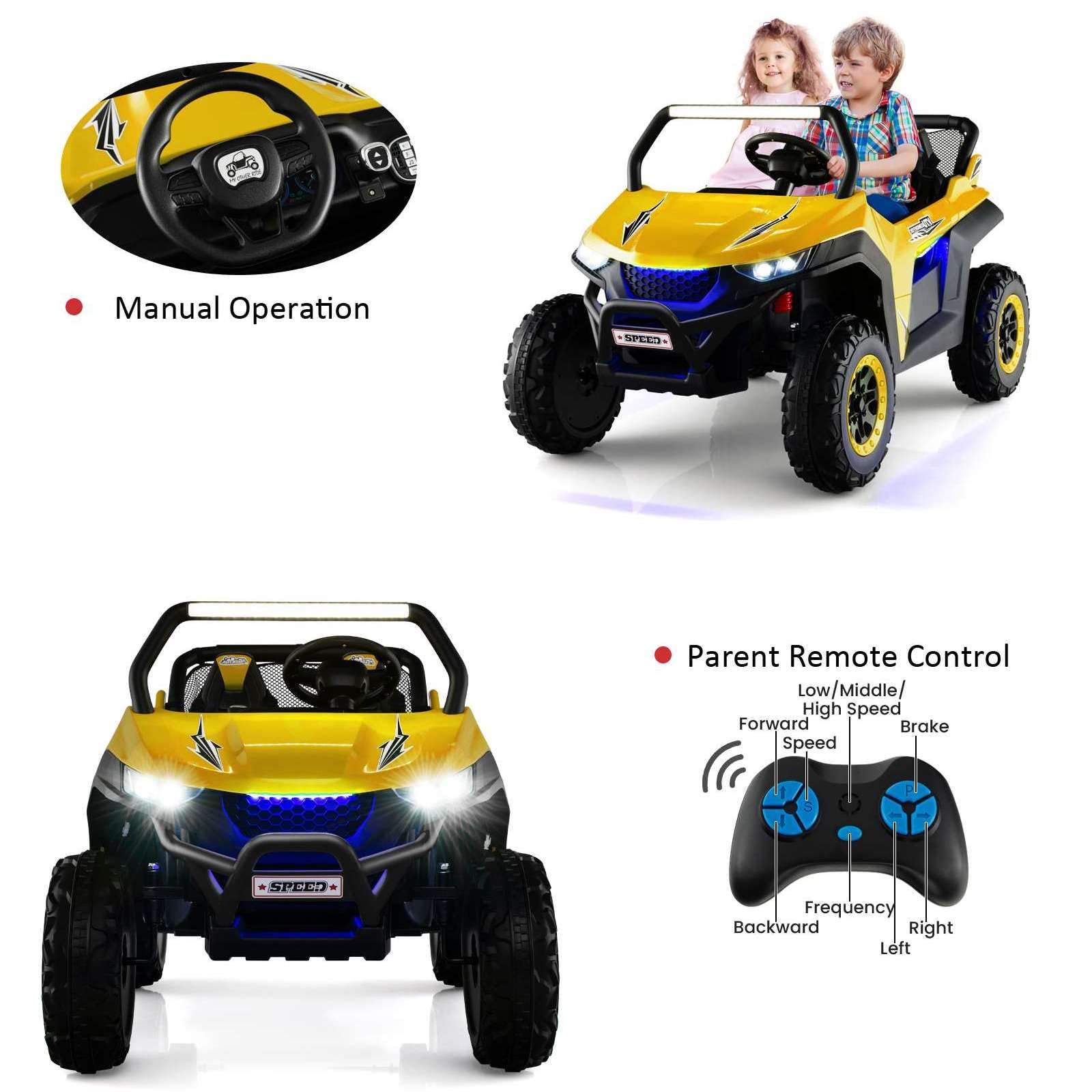 Kids Electric UTV, 2-Seater 12V Battery Powered Toy Car with Remote Control, Lights, Bluetooth, MP3, USB, FM, High/Low Speed & Suspension Spring, Children Ride on Car for 3-8 Years Old (Yellow)
