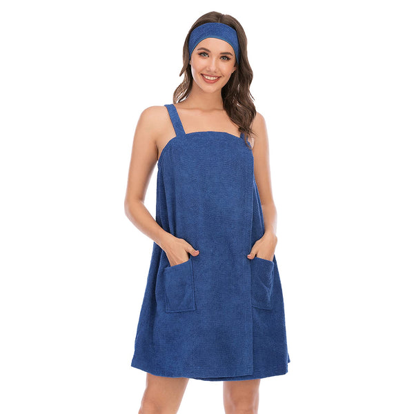 Jamron Womens Adjustable Towel Wraps Bathrobe With Headband for Gym Shower Spa & Beach Cover Ups Navy Blue M
