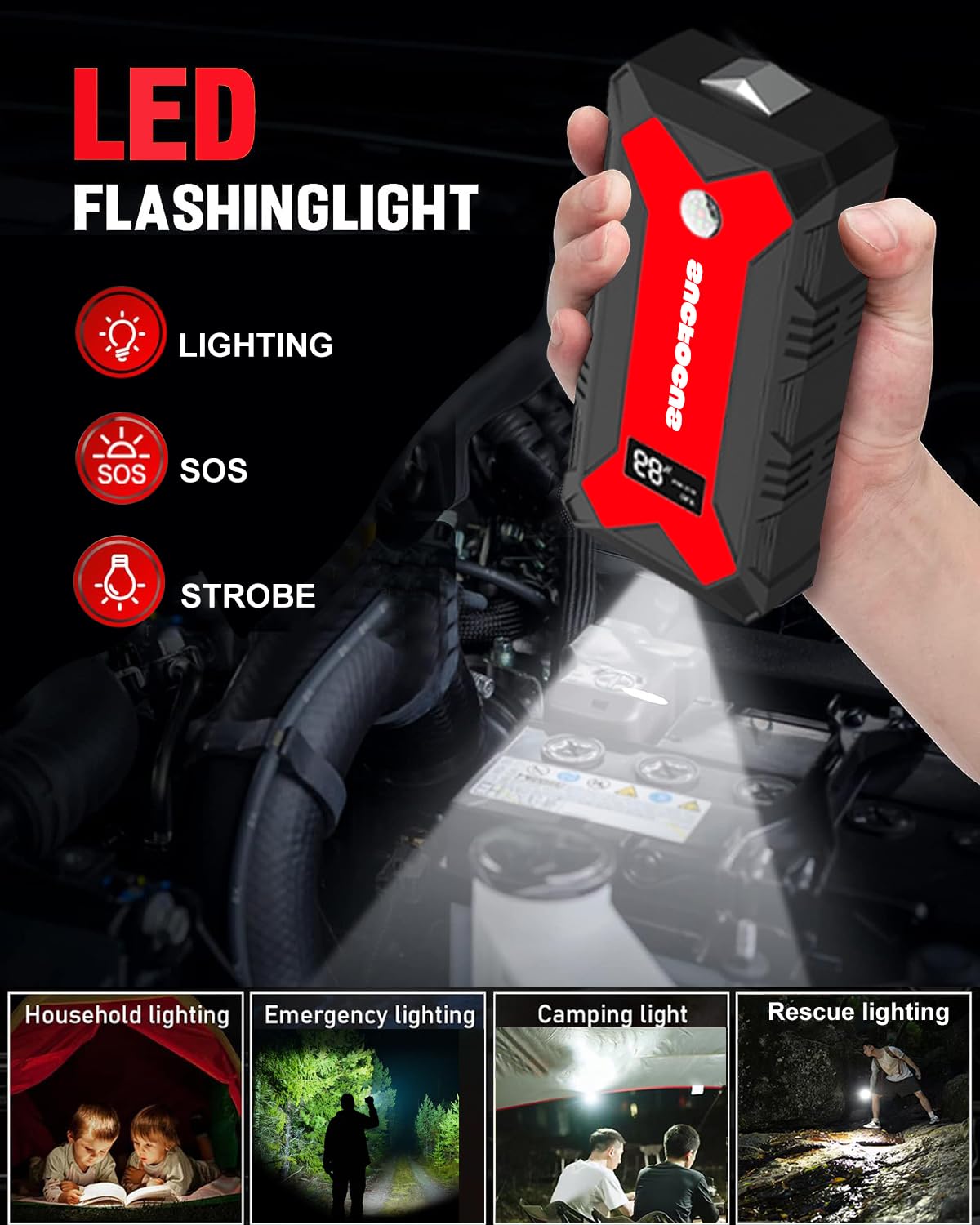 Car Battery Jump Starter, 2500A Jump Starter (for 8.0L Gas or 6.5L Diesel Engine), Battery Jumper Starter Portable, Jump Box, Jump Start Battery Pack with Jumper Cable, LED Light/USB QC3.0 (Red Black)