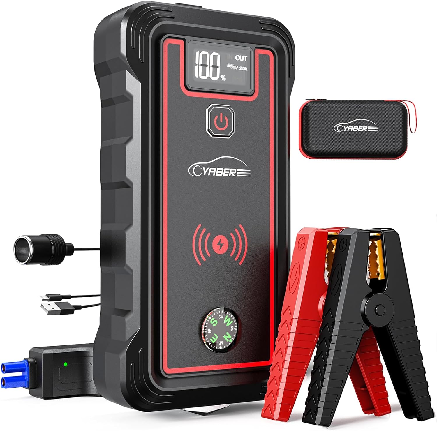 YABER YaberAuto ‎YR800 Jump Starter Power Pack 5000A Peak Car Battery Booster Jump Starter for All Gas Petrol 8.0L Diesel Engines - Jump Starter with 10W Wireless Charger + LED Flashlight + USB-C Port + Digital LCD Screen + Compass + Safety Hammer