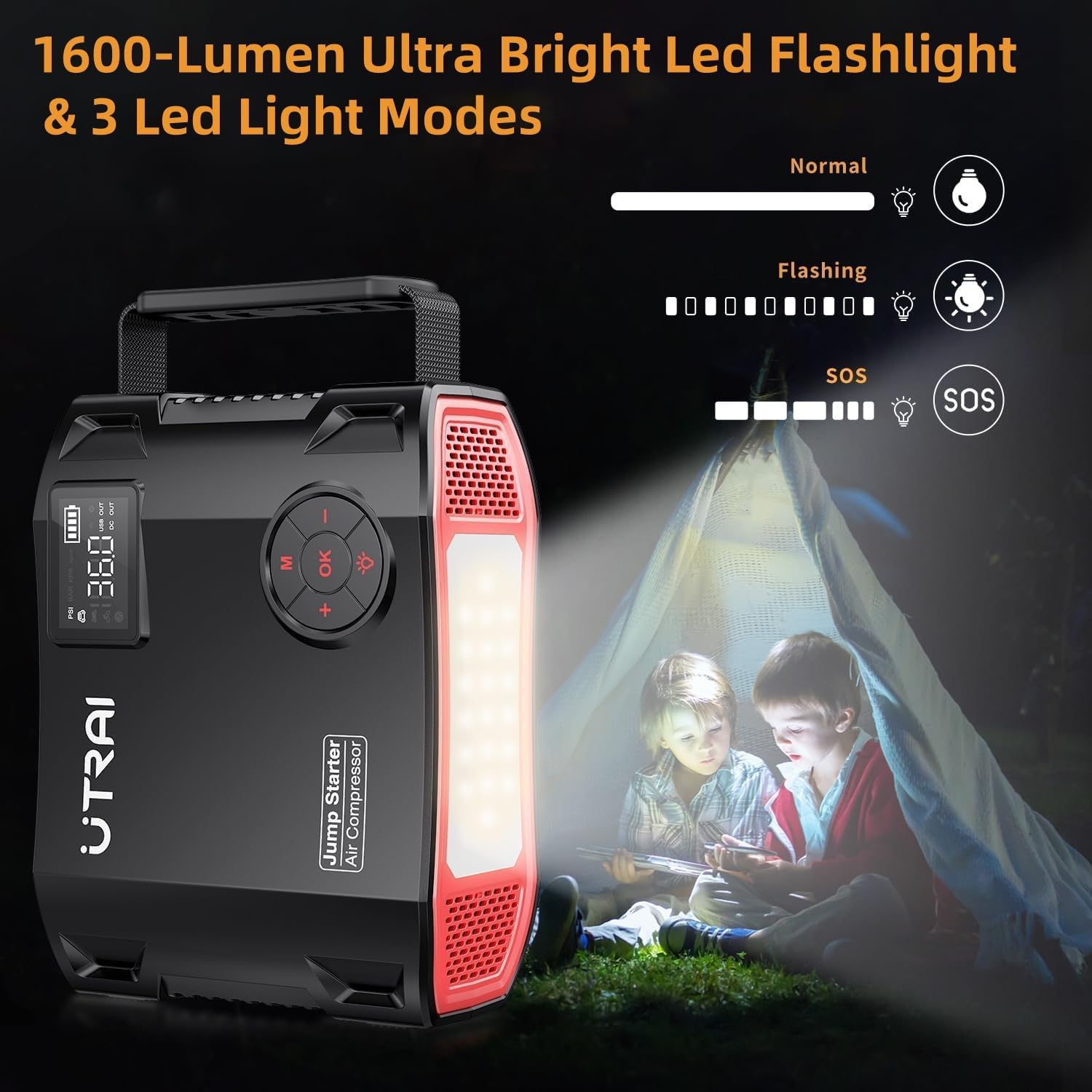 6500A Jump Starter Power Pack with Air Compressor,UTRAI Car Battery Booster Jump Starters with 18W Fast Charging/1600 Lumens LED Flashlight/160 DC OUT,Powerbank Charger for All Gas/12L Diese