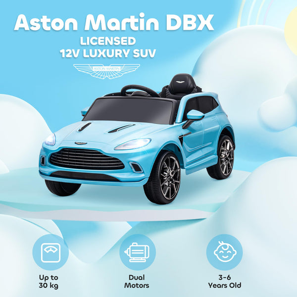 AIYAPLAY 12V Kids Electric Car, Aston Martin DBX Licensed Kids Ride on Car with Remote Control, 4 Suspension Wheels, LED Lights, Music, Horn, Slow Start, for Ages 3-6 Years, Blue