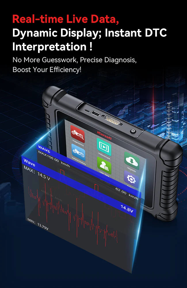 iCarsoft MT PRO OBDII 7" Screen Professional Multi-Systems Motorcycle Diagnostic Scan Tool compatible with 89 manufacturer brands of Motorbike Motorcycle