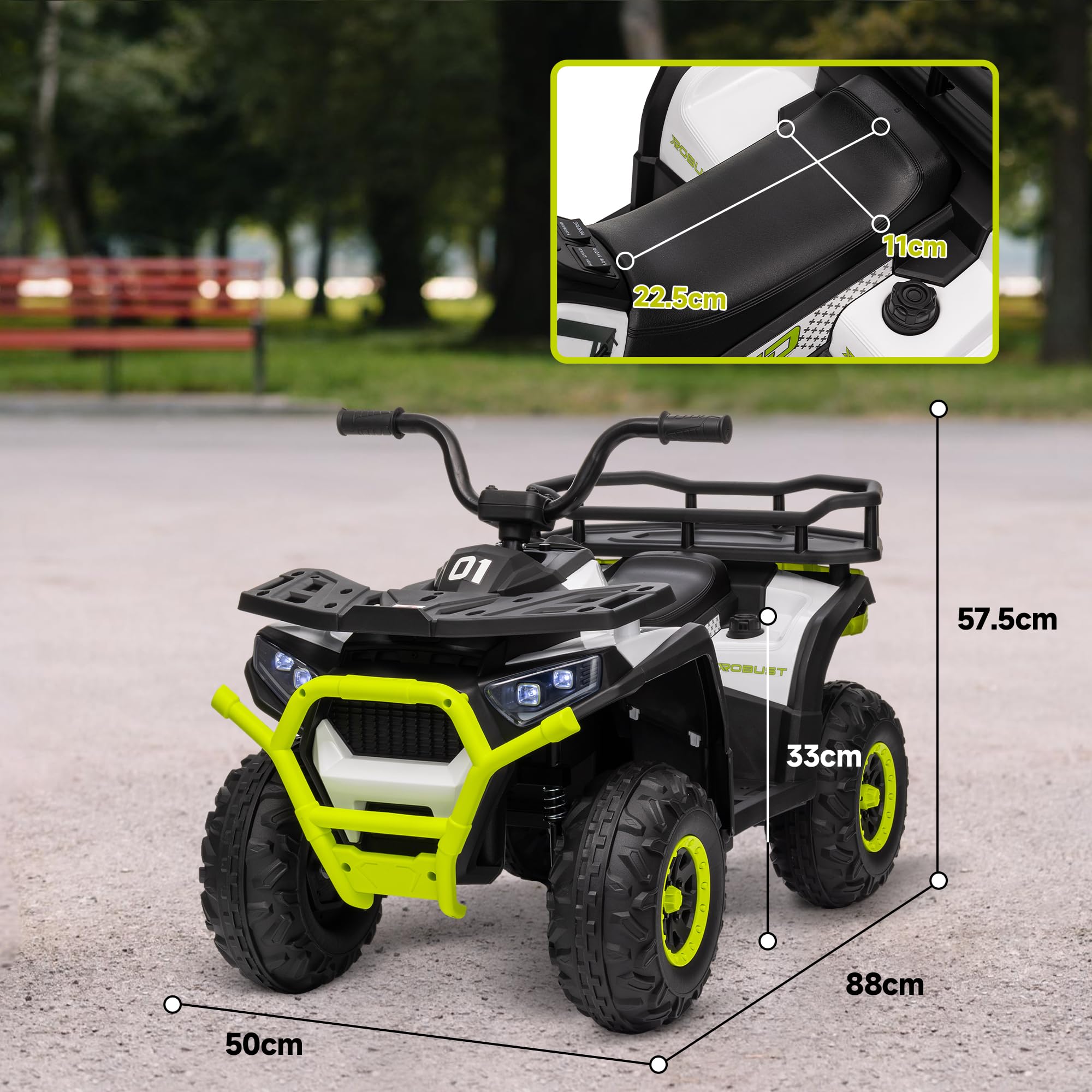 AIYAPLAY 12V Kids Electric Ride on ATV, Battery Powered Quad Bike with 4 Suspension Wheels, Forward Reverse Function, Headlights, Music, Storage Basket, for Ages 3-5 Years, Yellow