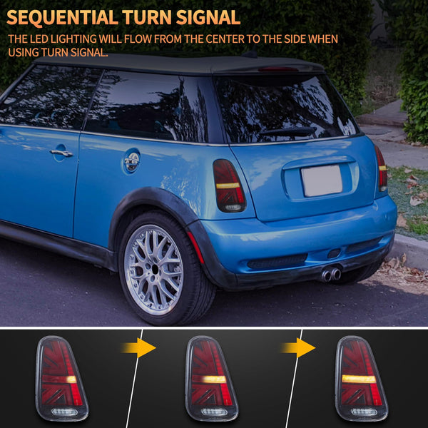 VLAND LED Rear Lights Compatible with Mini Cooper R50 R52 R53 2001-2006 1st Gen Hatch/Convertible, Union Jack Tail Lights w/Startup Dynamic Display & Sequential Indicator, 1 Set (Red)