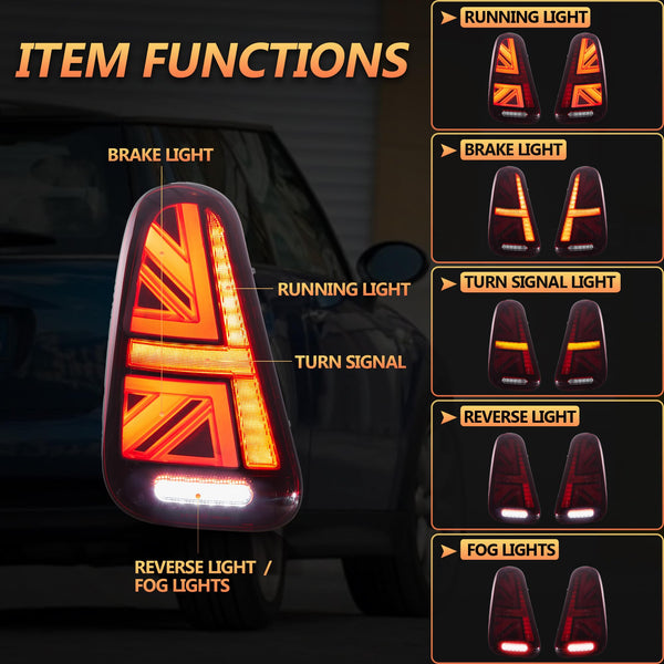 VLAND LED Rear Lights Compatible with Mini Cooper R50 R52 R53 2001-2006 1st Gen Hatch/Convertible, Union Jack Tail Lights w/Startup Dynamic Display & Sequential Indicator, 1 Set (Red)