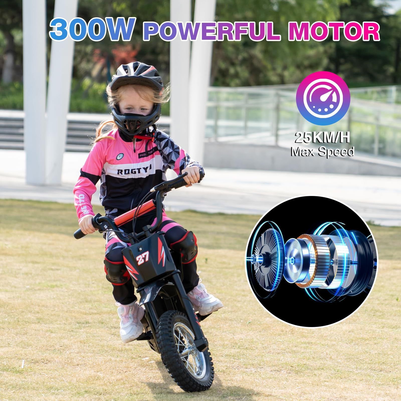 RCB R9X Electric Motorcycle Kids, 12 inch Pneumatic Tires, Ride On Electric Motorcycle with Powerful Motor, 3 Speed Modes 8/12/25KMH, Range 15KM, Moto Crossbike Kids from 3-12years