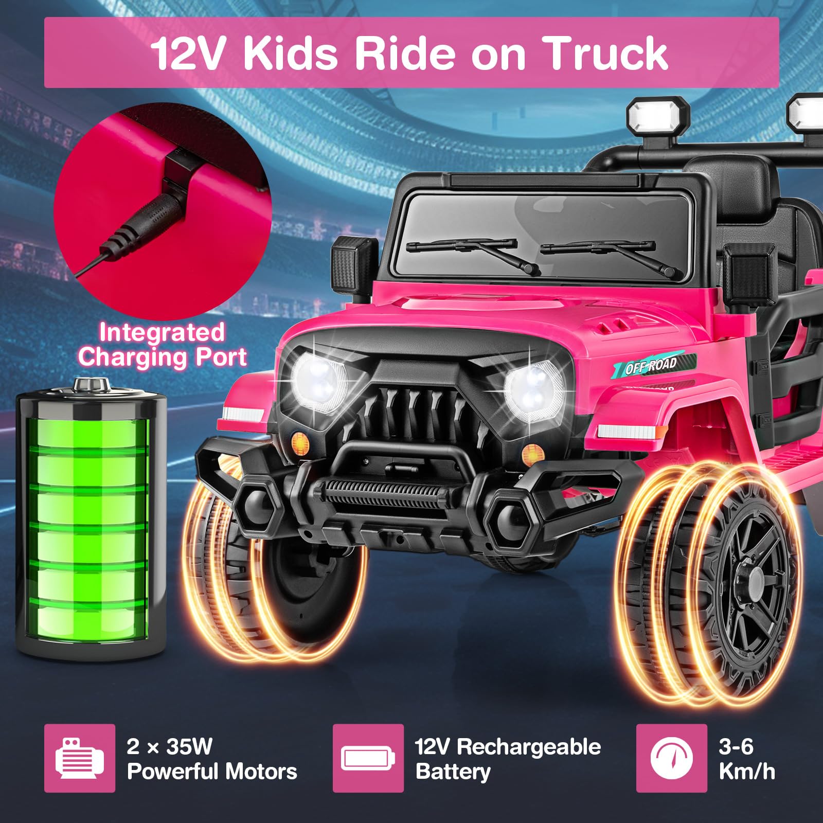 COSTWAY 12V Kids Ride on Car, 2 Motors Electric Off Road Truck with Remote Control, LED Lights, Music, Horn & Wireless Connection, Battery Powered Ride on Toy for Boys Girls (Black)