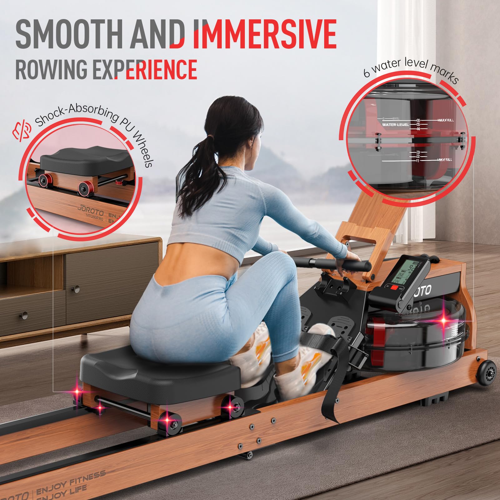 JOROTO Wood Rowing Machine for Home Gym,Oak Wood Foldable Rower Machine with Bluetooth, Adjustable Tablet Holder - 330LS Weight Capacity
