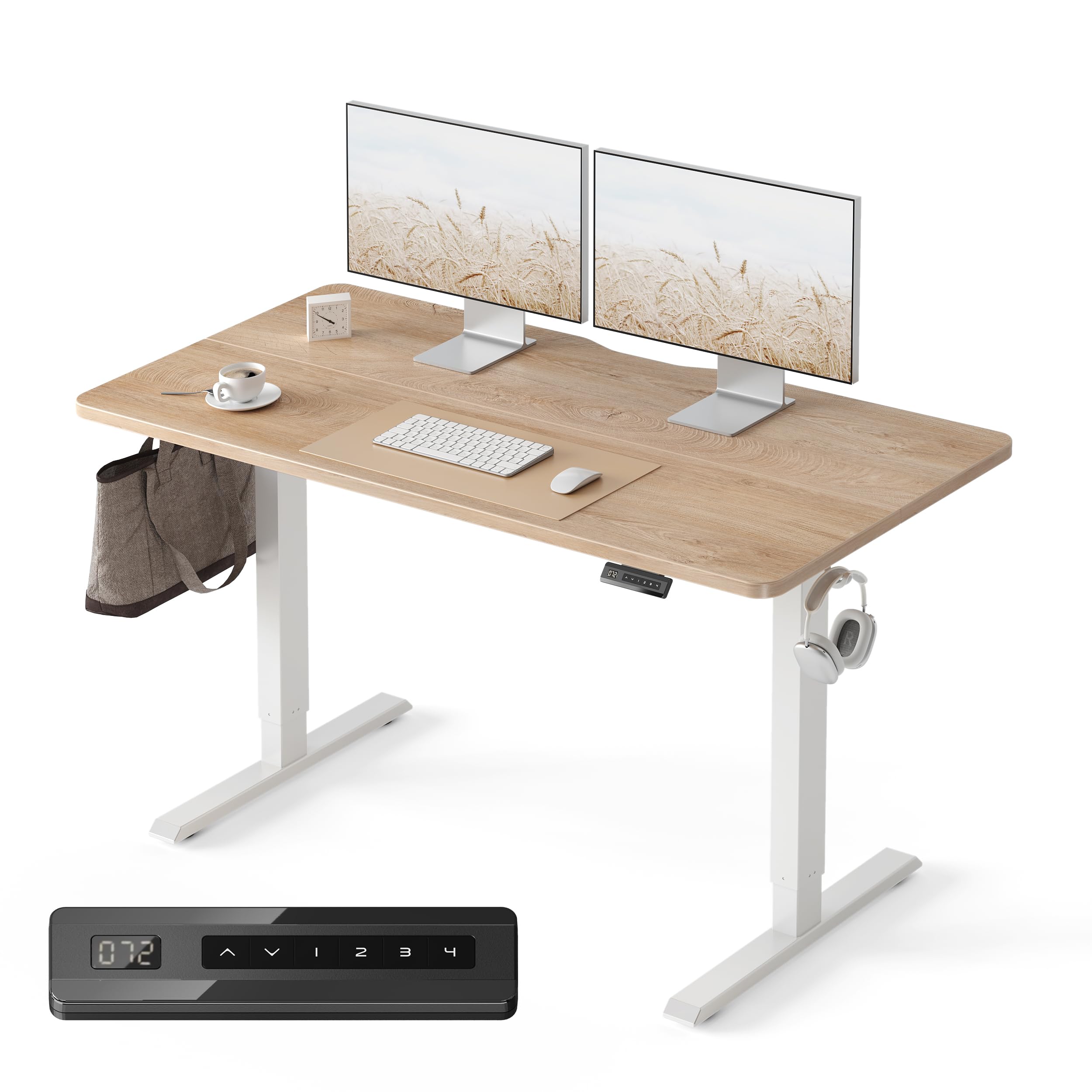 FEZIBO Height Adjustable Electric Standing Desk, 120 * 60 cm Stand up Table, Sit Stand Home Office Desk with Splice Board, White Frame/Maple Top