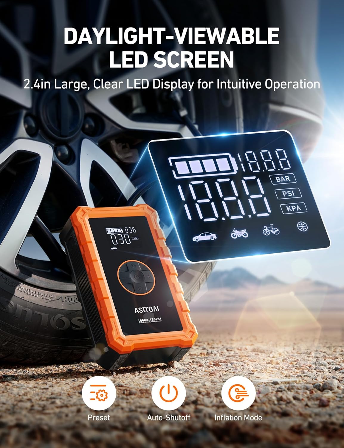 AstroAI Jump Starter Power Pack with Air Compressor, 12V Portable Car Battery Booster Jump Starter and 150PSI Tyre inflator Power Pack with Emergency Light, LED Display