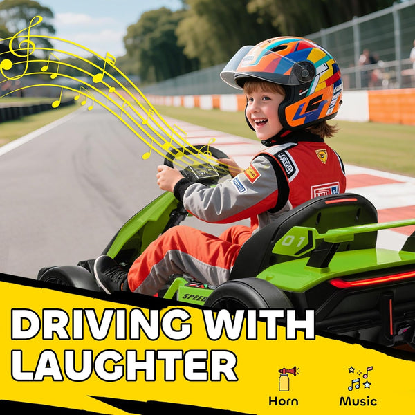HOMCOM 24V Electric Go Kart for Kids, Ride On Racing Kart with Adjustable Seat, Battery Powered Drifting Ride On Car with Music, Light, Slow Start, Button Start, Horn, for 6-12 Years, Green