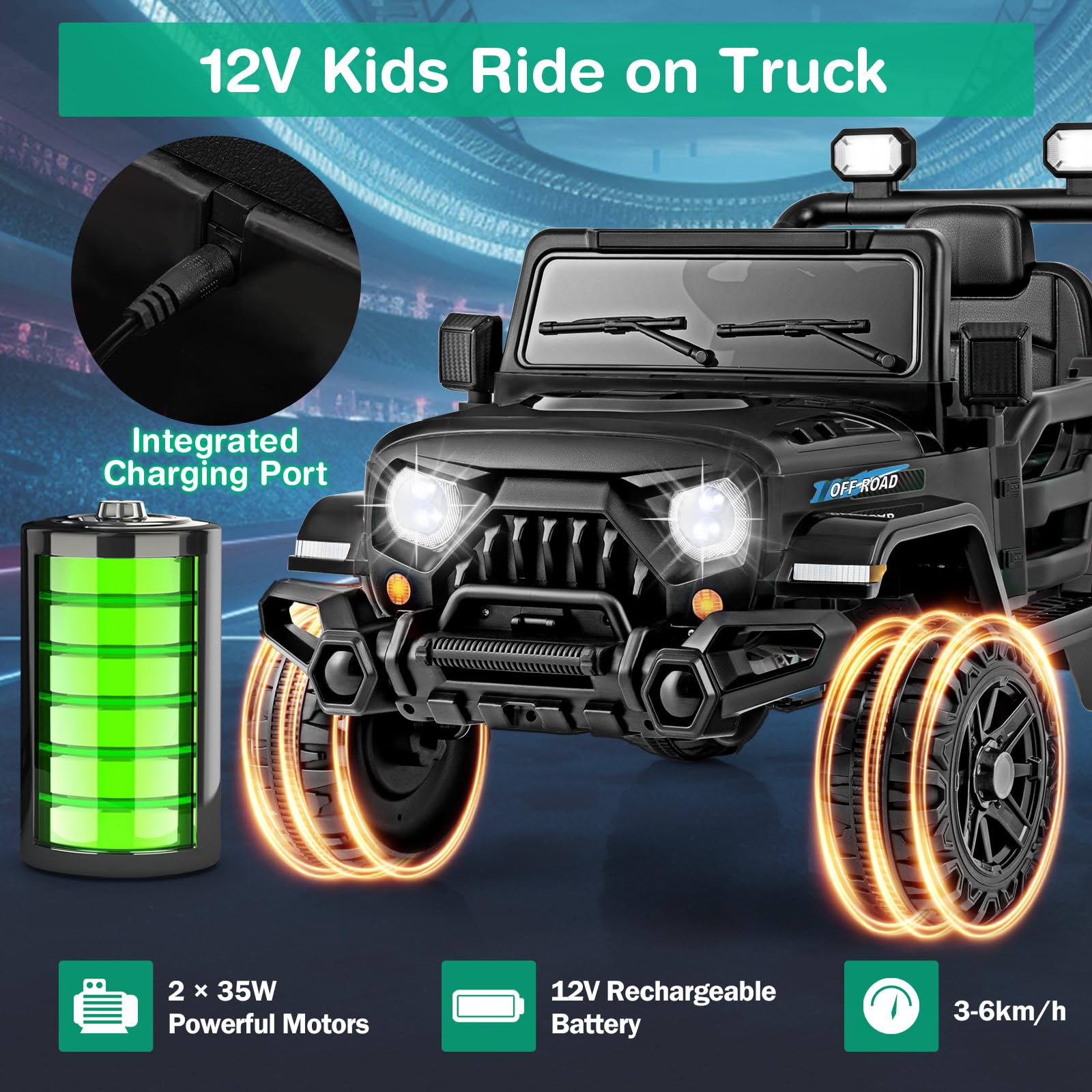 COSTWAY 12V Kids Ride on Car, 2 Motors Electric Off Road Truck with Remote Control, LED Lights, Music, Horn & Wireless Connection, Battery Powered Ride on Toy for Boys Girls (Black)